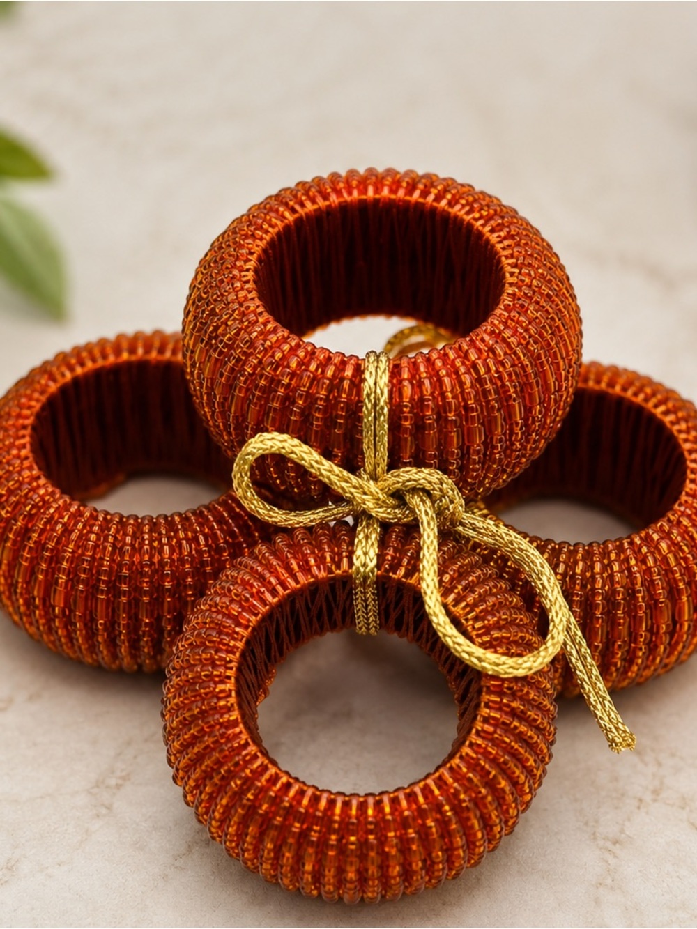 Set of 4 Hand Beaded Glass Seed Napkin Rings Red Orange NWOT